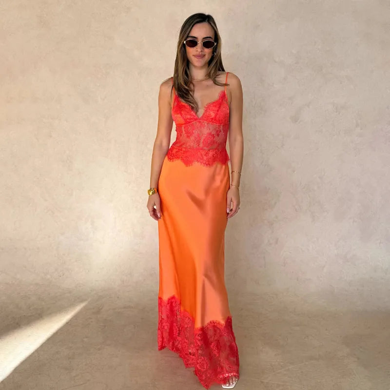 Women's Maxi Dress – Lace-Trimmed A-Line Cut