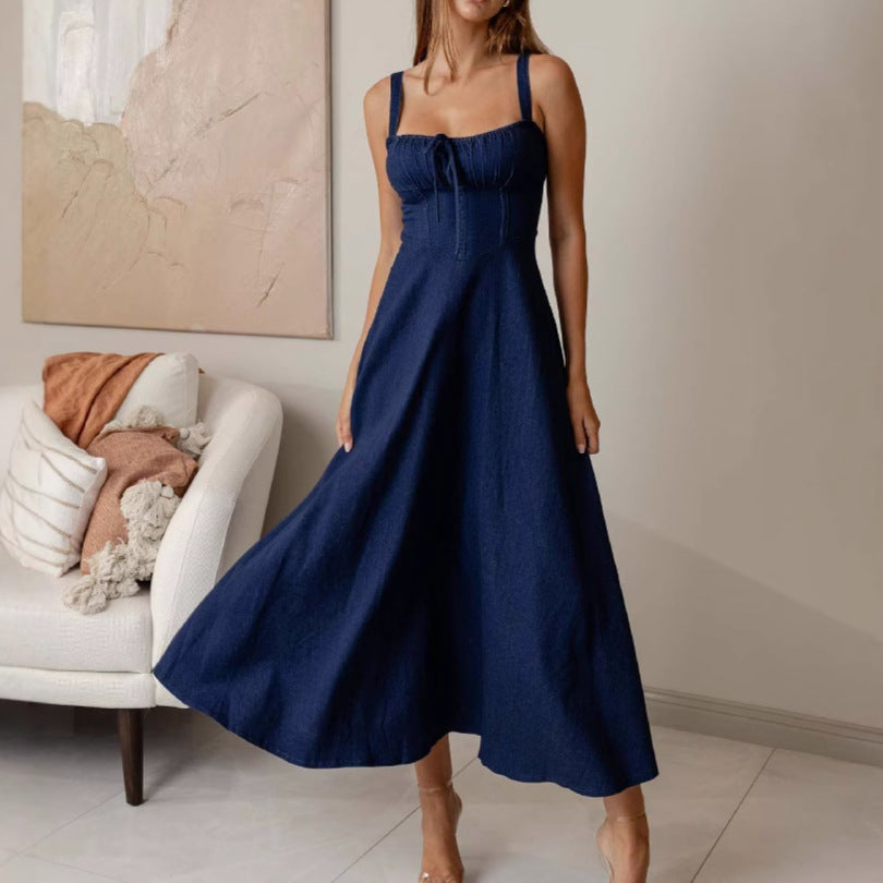 Women's Denim Corset Midi Dress – Square Neck Tie Front