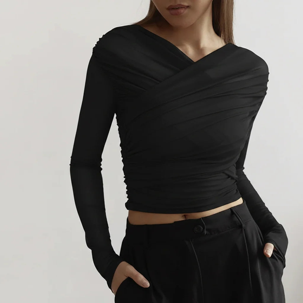 Women's Long Sleeve Top – Pleated Front Fitted