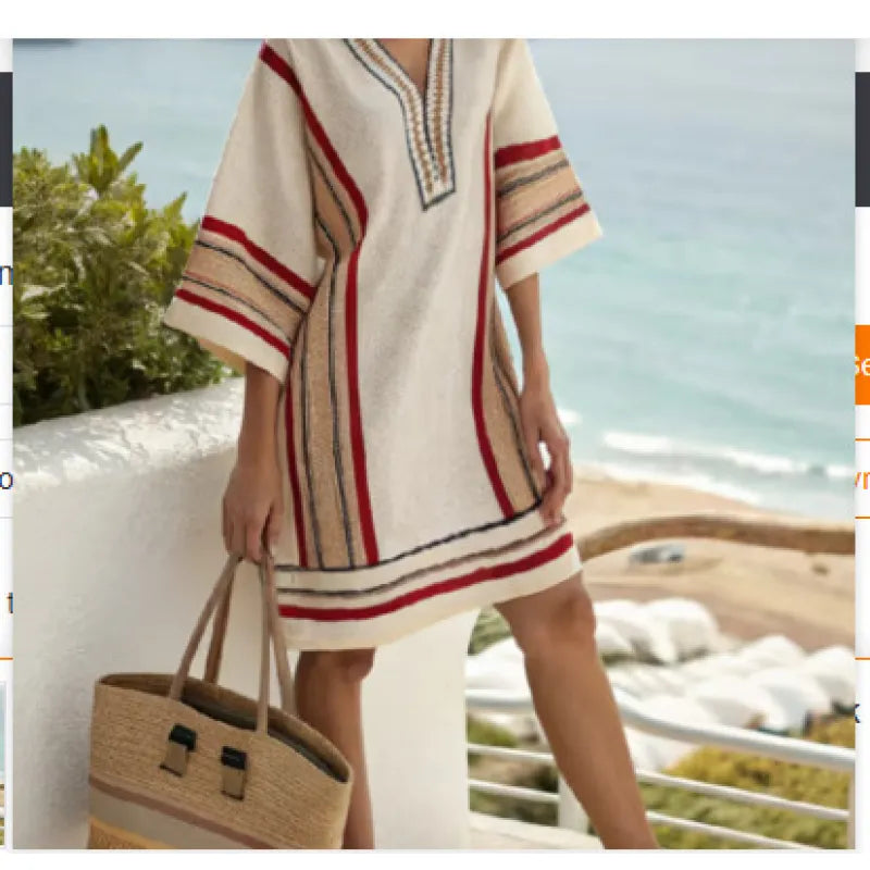 Women's Cotton Kaftan Dress – V-Neck Striped Trim