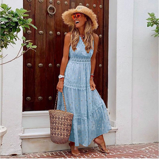 Women's Tiered Maxi Dress – Lace Trim V-Neck