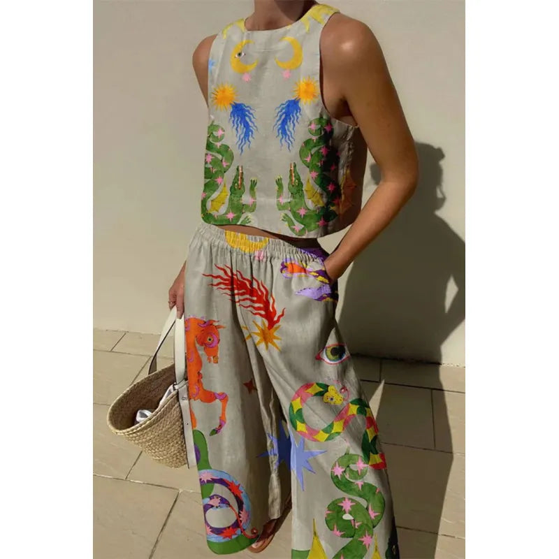 Women's Cropped Top and Wide-Leg Pants Set – Celestial Print