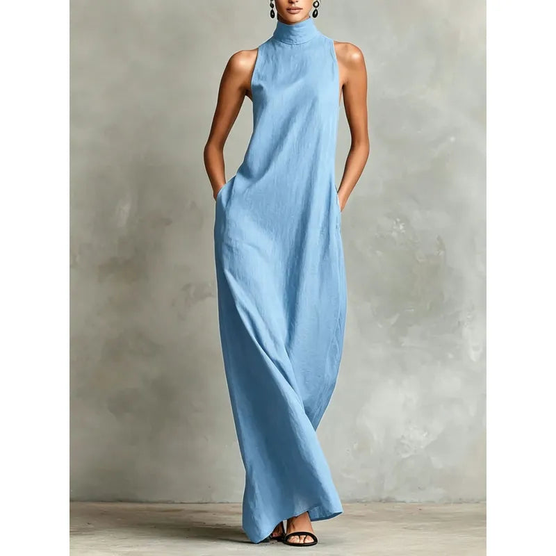 Women's Sleeveless Maxi Dress – Mock Neck with Pockets