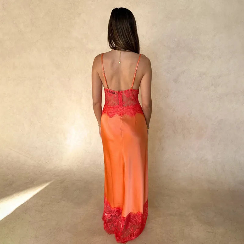 Women's Maxi Dress – Lace-Trimmed A-Line Cut