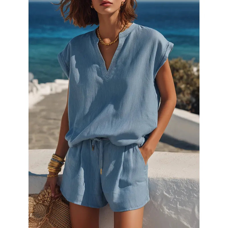 Women's Two-Piece Shorts Set – V-Neck Piped Top