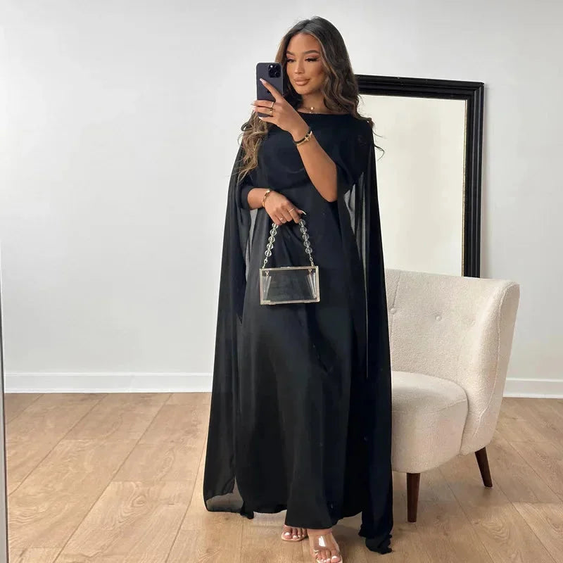 Women's Chiffon Maxi Dress – Cape Sleeve Round Neck