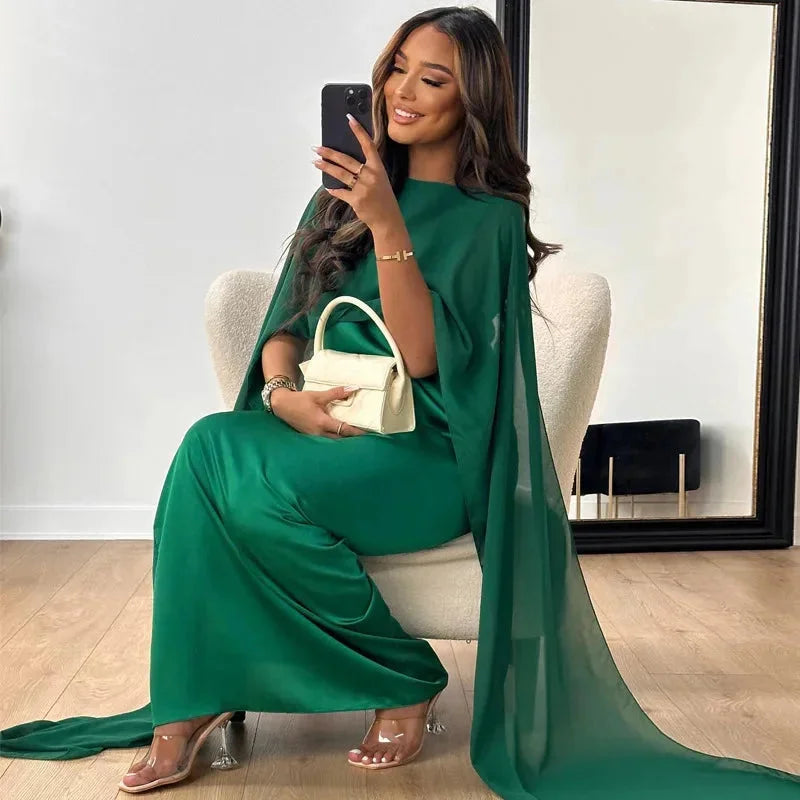Women's Chiffon Maxi Dress – Cape Sleeve Round Neck