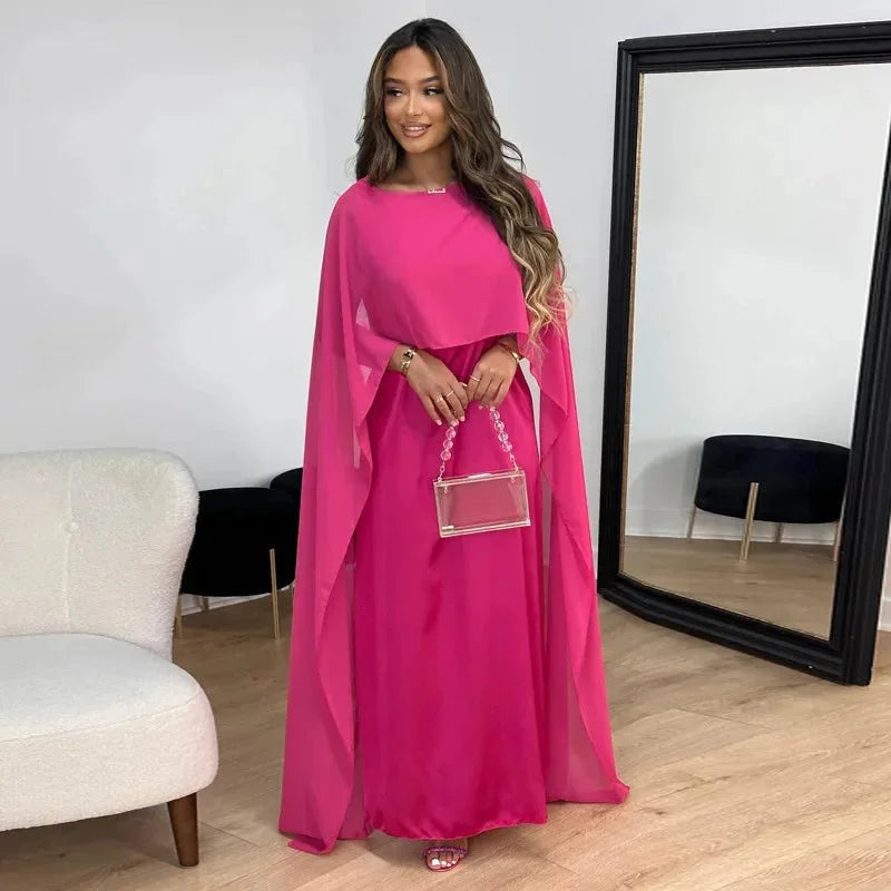 Women's Chiffon Maxi Dress – Cape Sleeve Round Neck