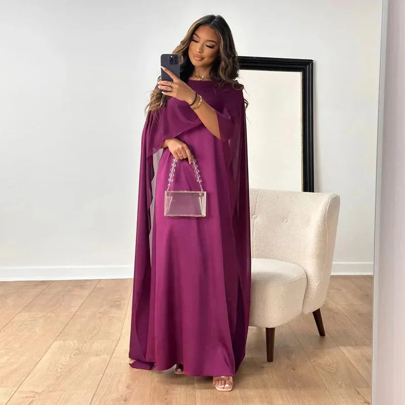 Women's Chiffon Maxi Dress – Cape Sleeve Round Neck