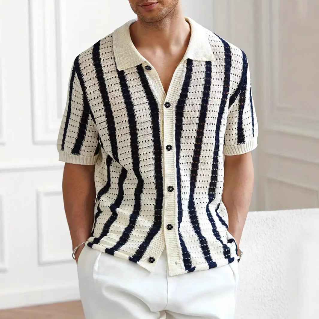 Men's Open-Knit Polo Shirt – Vertical Stripe Short Sleeve