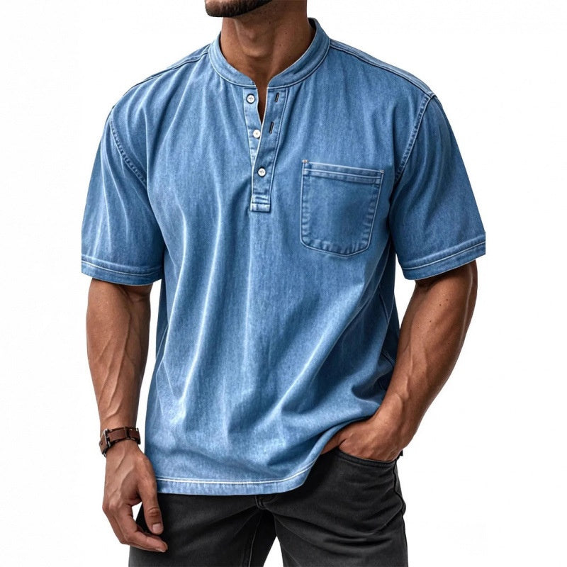 Men's Short-Sleeve Cotton Shirt – Relaxed Round Collar