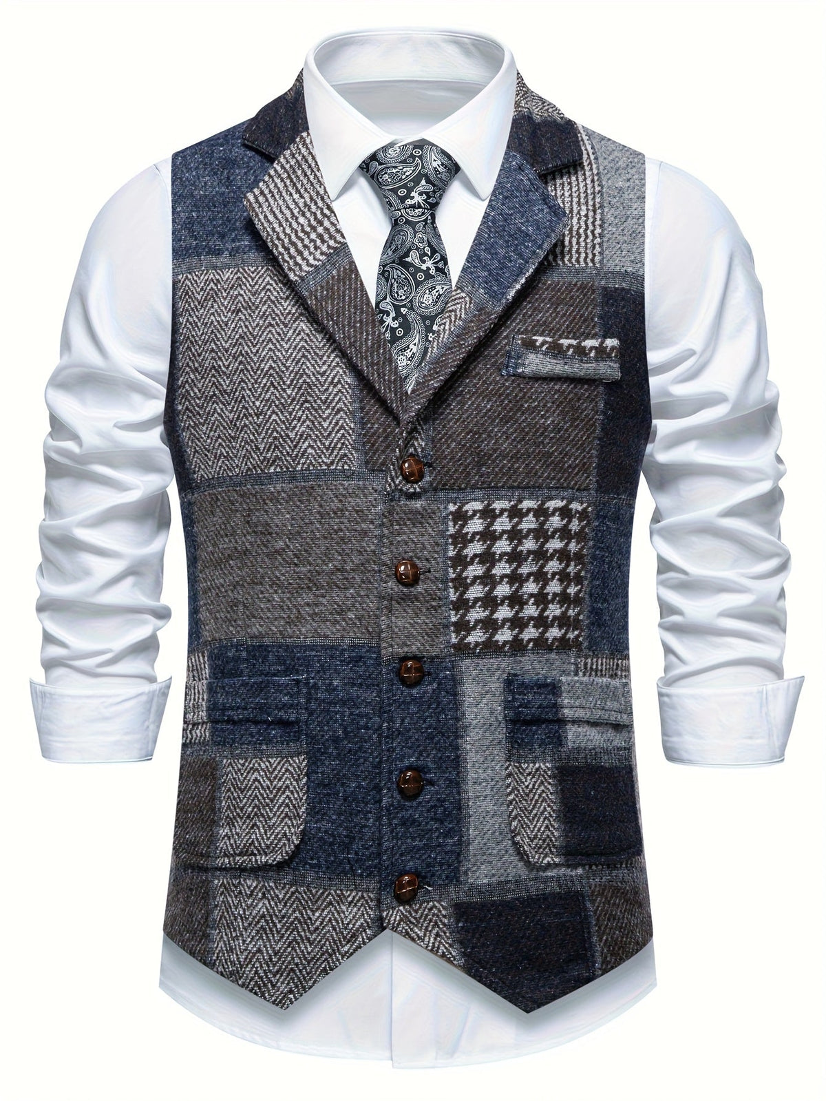 Men's Herringbone Patchwork Vest – Notched Lapel Tweed Look