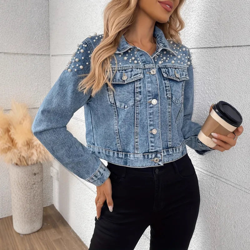 Women's Cropped Denim Jacket – Pearl Embellished