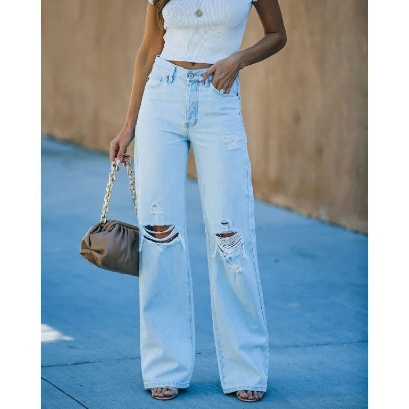 Women's Ripped Wide-Leg Jeans – High-Rise Distressed Fit