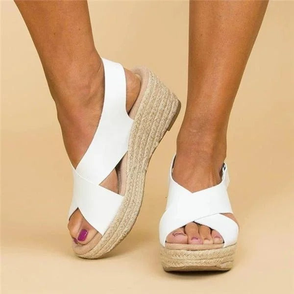 Women's Leather Espadrille Wedge Sandals – Adjustable Cross Straps
