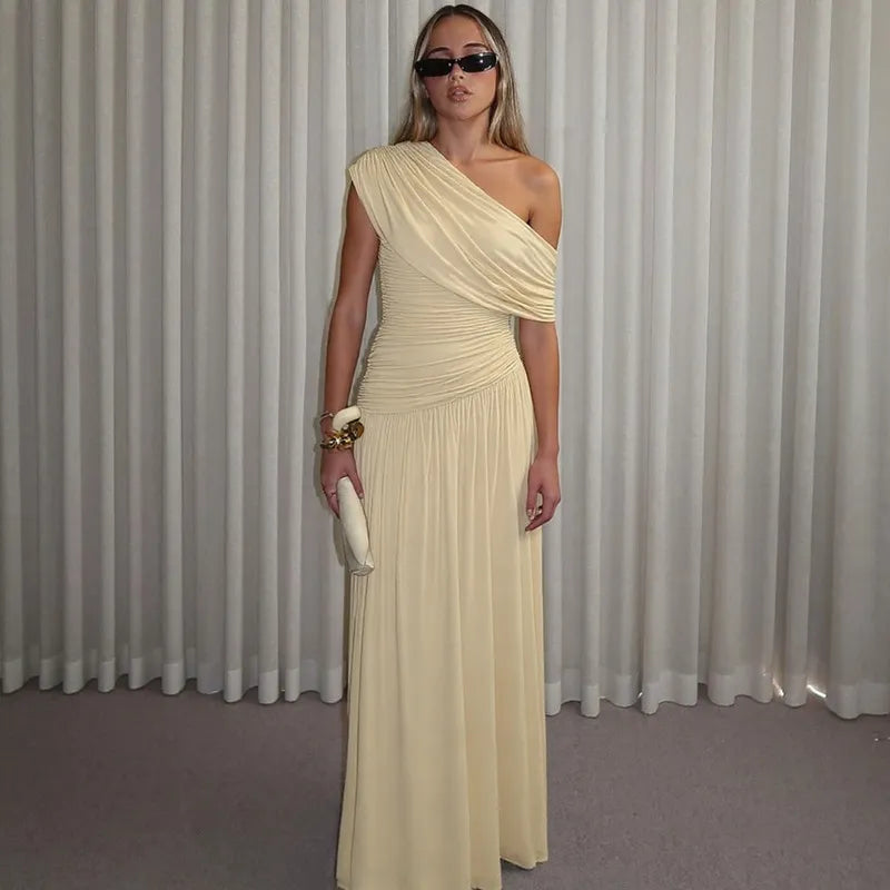 Women's Off-Shoulder Maxi Dress – Ruched Floor-Length Fit