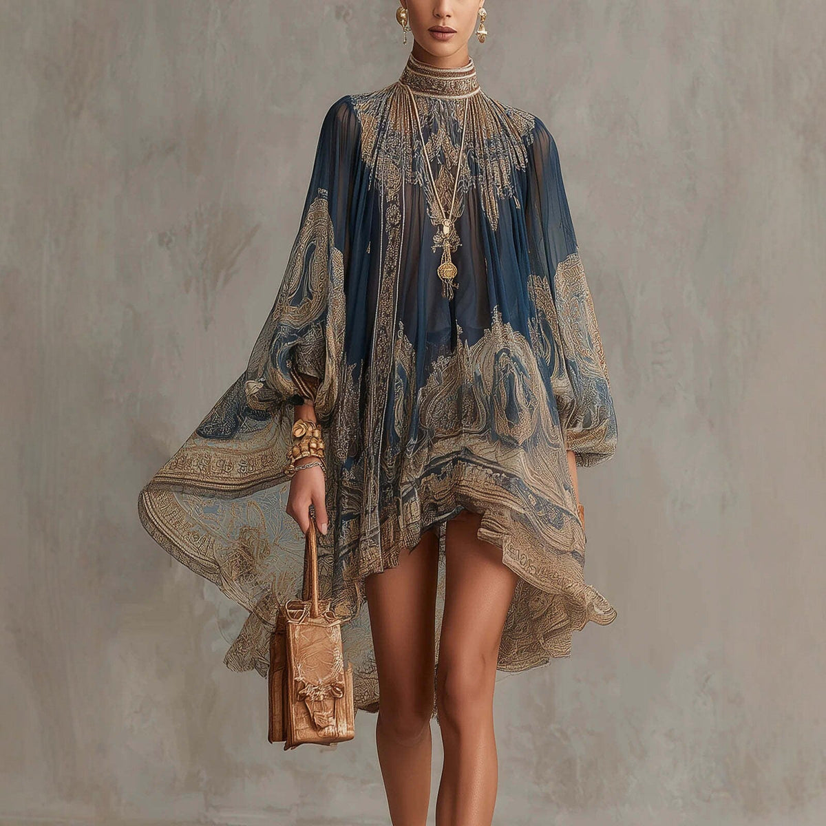 Women's Baroque Print Mini Dress – High Neck Billow Sleeve