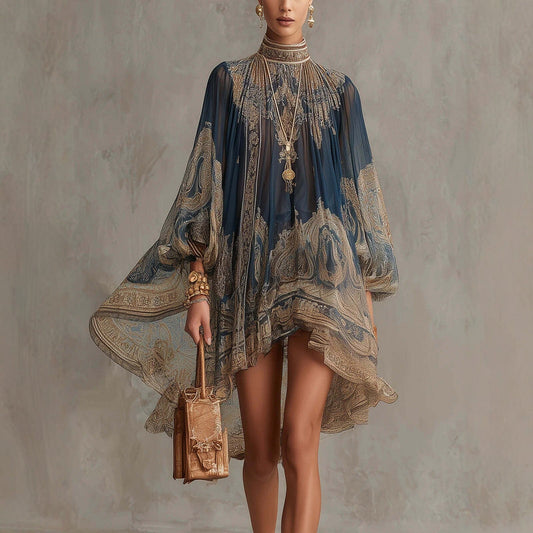 Women's Baroque Print Mini Dress – High Neck Billow Sleeve
