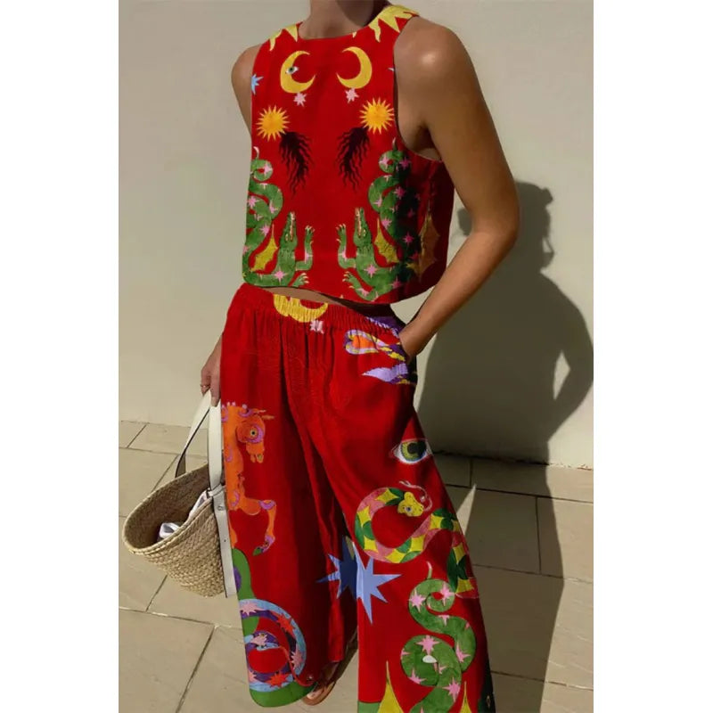 Women's Cropped Top and Wide-Leg Pants Set – Celestial Print