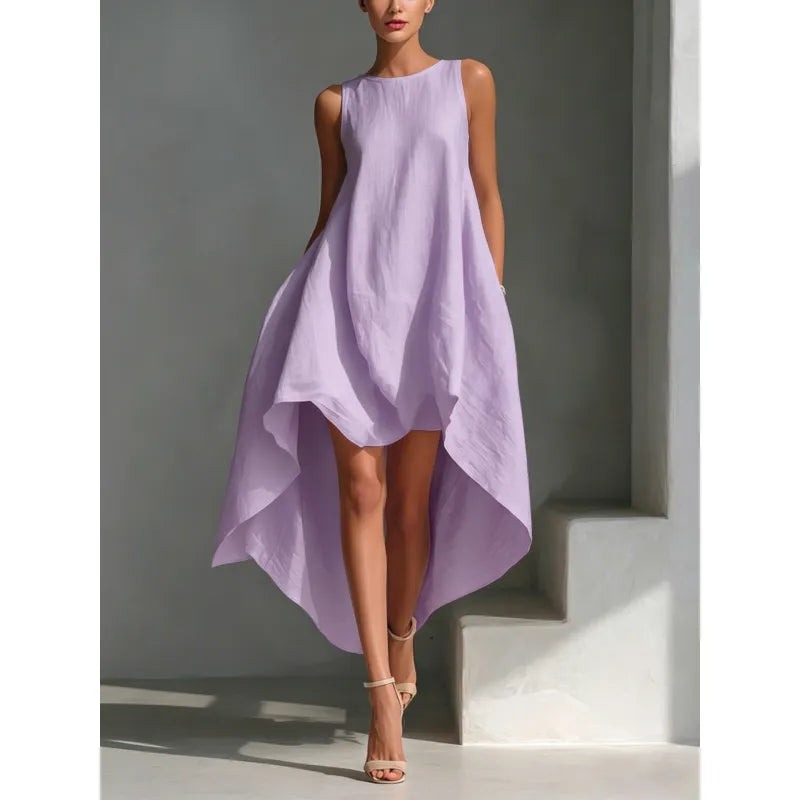 Women's Sleeveless Midi Dress – Asymmetric Flared Hem