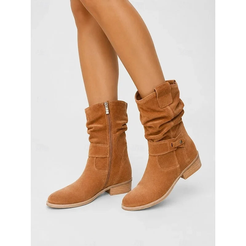 Women's Slouch Faux Suede Boots – Pointed Toe, Block Heel