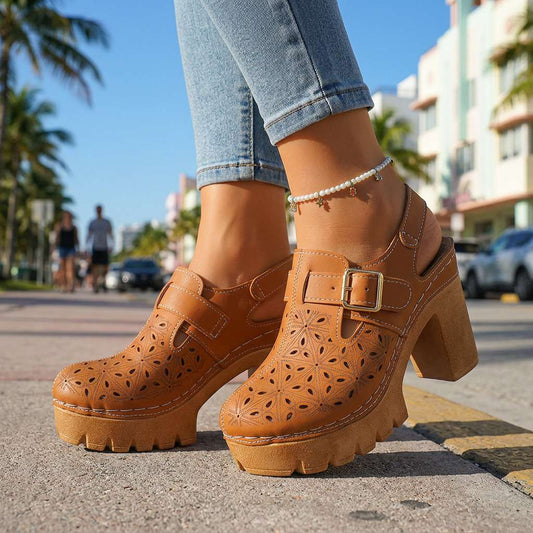 Women's Platform Block Heel Clogs – Floral Cutout Upper