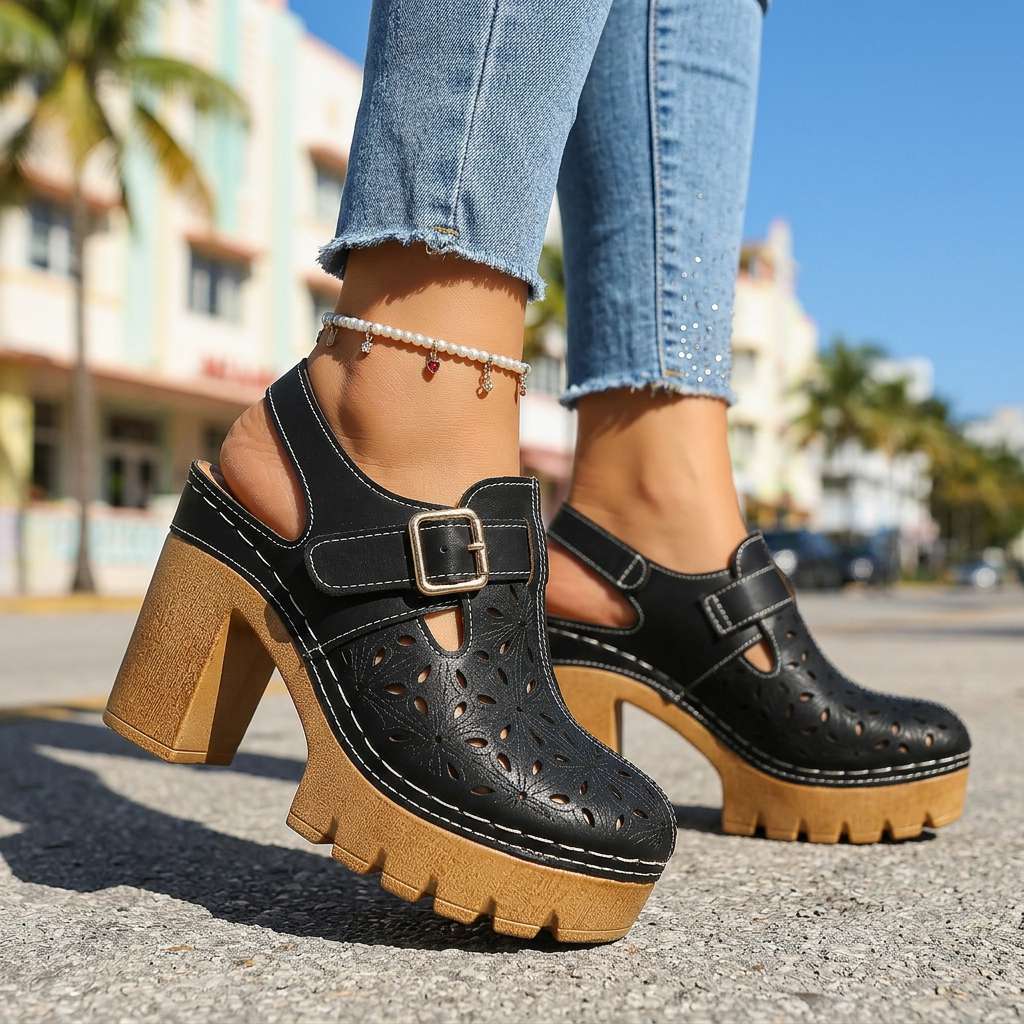 Women's Platform Block Heel Clogs – Floral Cutout Upper