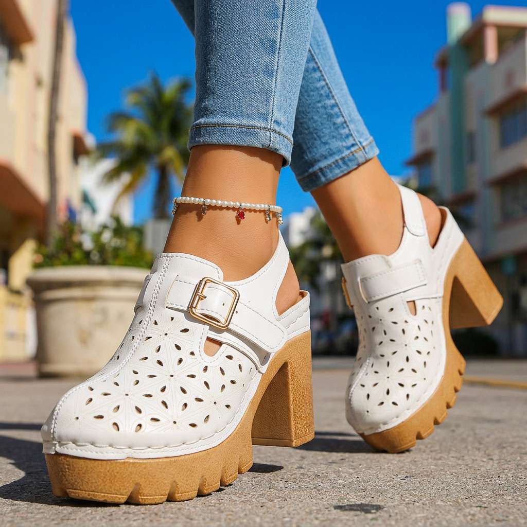 Women's Platform Block Heel Clogs – Floral Cutout Upper