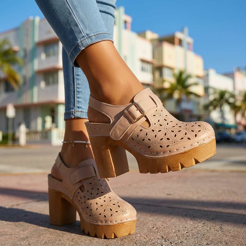 Women's Platform Block Heel Clogs – Floral Cutout Upper
