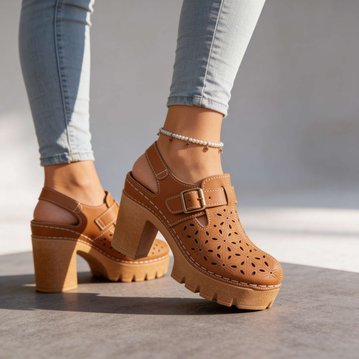 Women's Platform Block Heel Clogs – Floral Cutout Upper