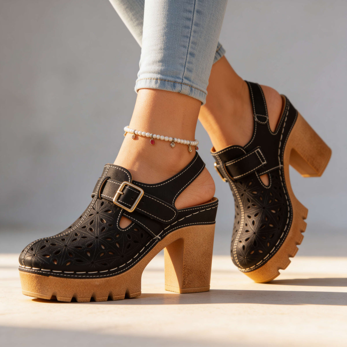 Women's Platform Block Heel Clogs – Floral Cutout Upper