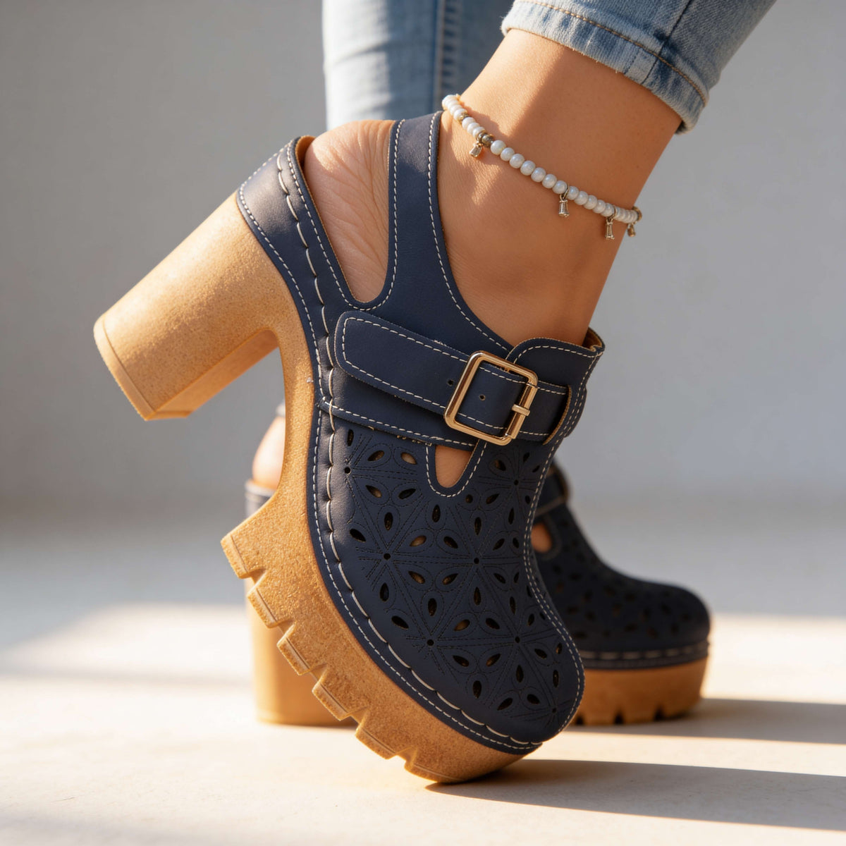 Women's Platform Block Heel Clogs – Floral Cutout Upper