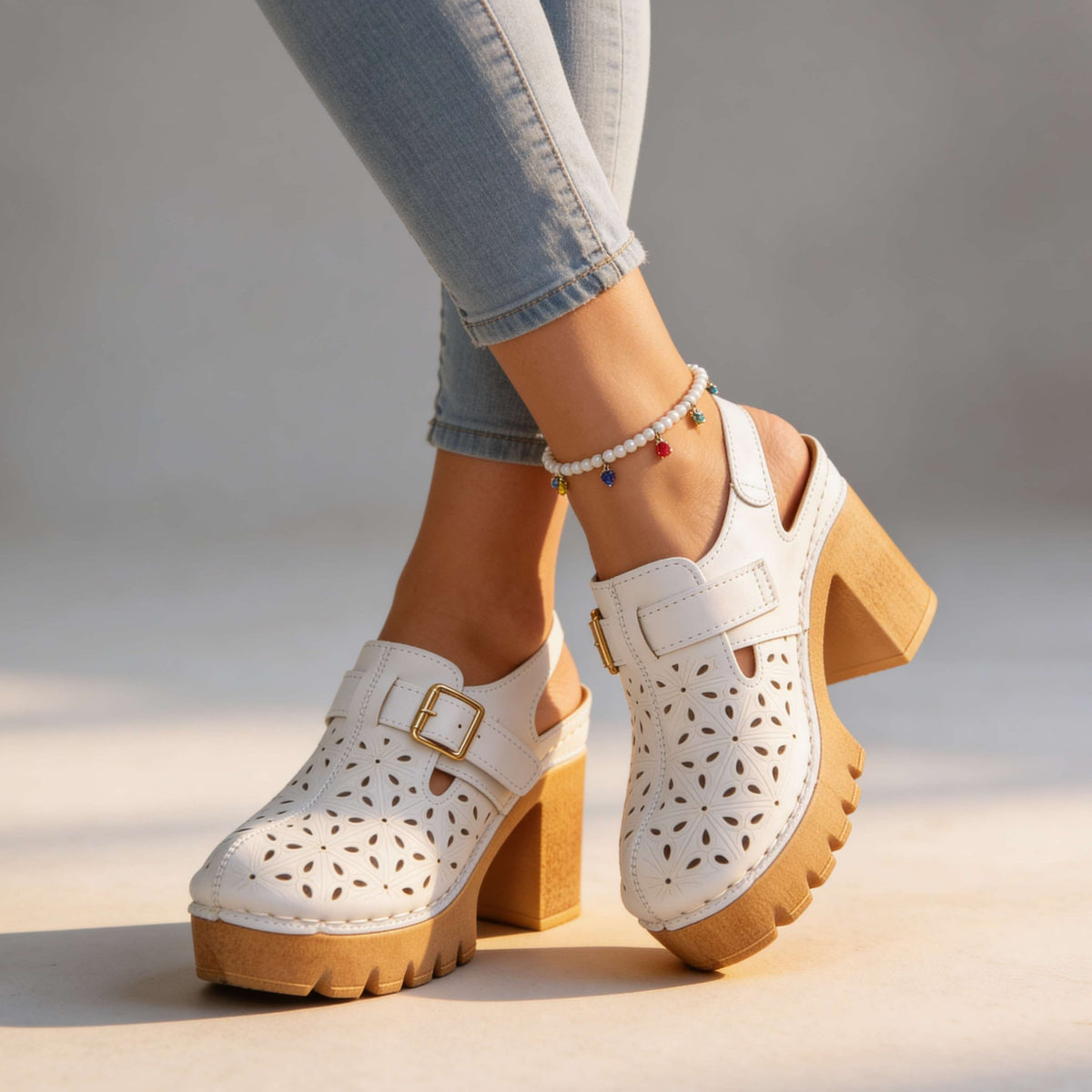 Women's Platform Block Heel Clogs – Floral Cutout Upper