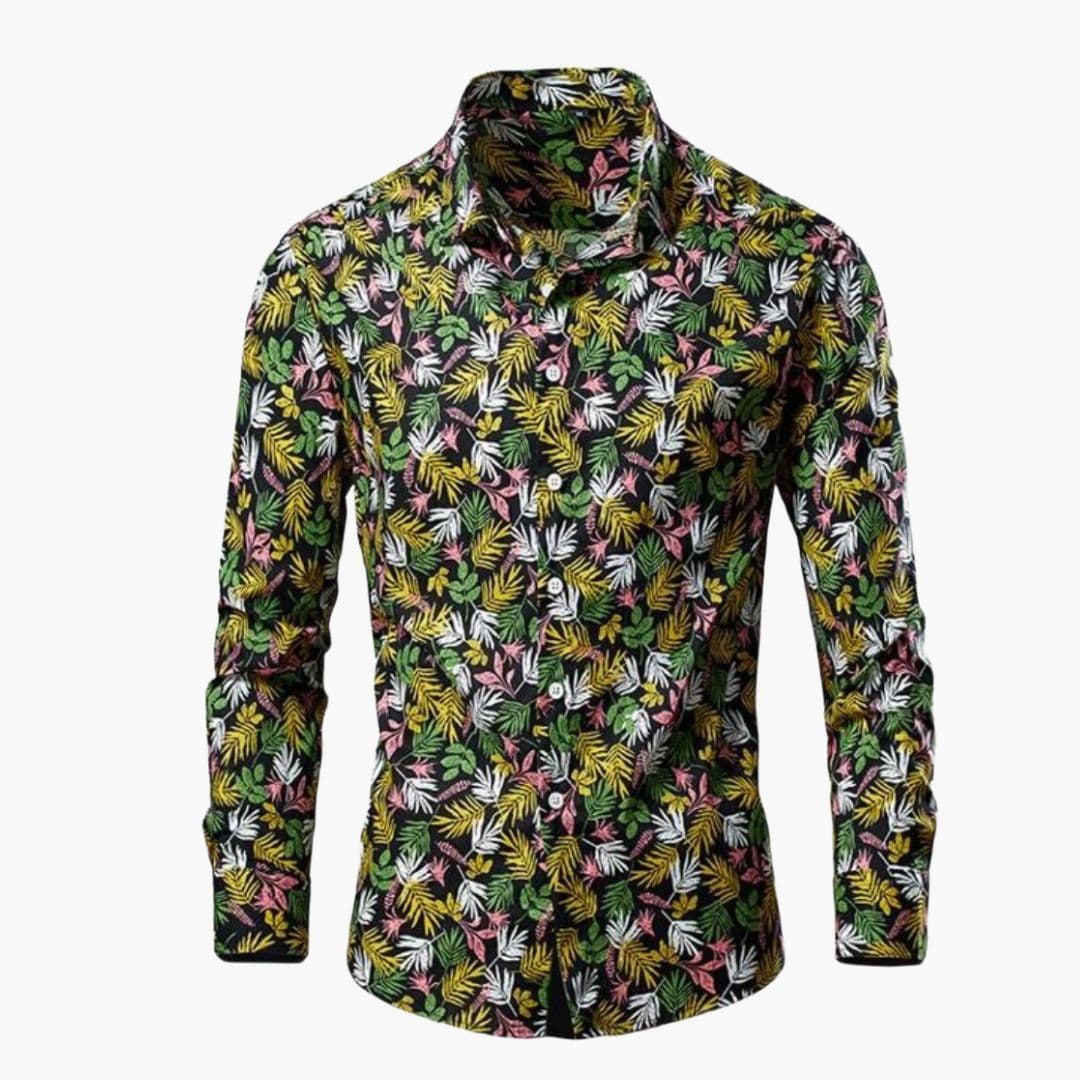 Men's Long Sleeve Cotton-Blend Shirt – Tropical Leaf Print