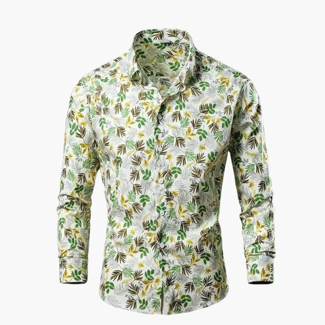 Men's Long Sleeve Cotton-Blend Shirt – Tropical Leaf Print