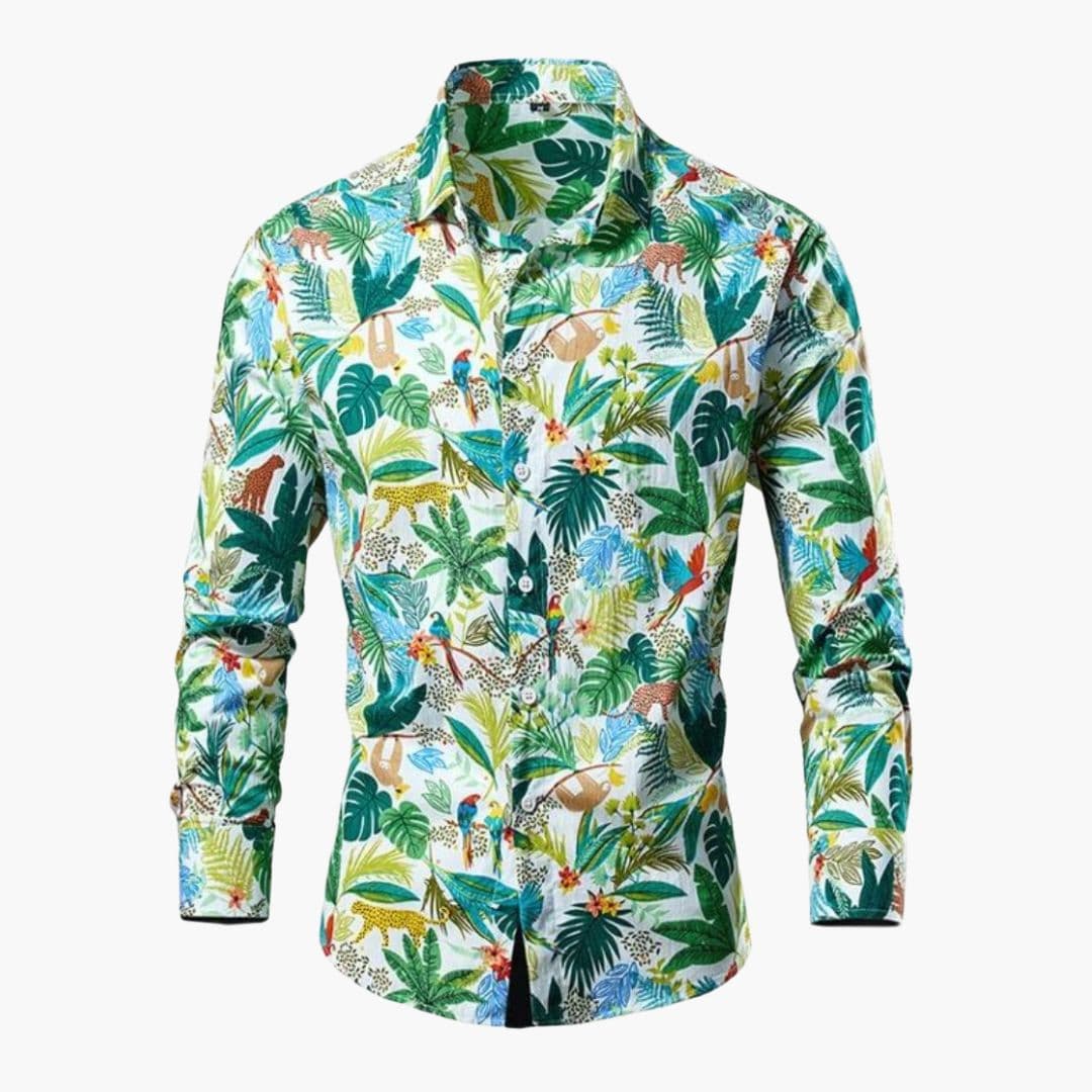 Men's Long Sleeve Cotton-Blend Shirt – Tropical Leaf Print