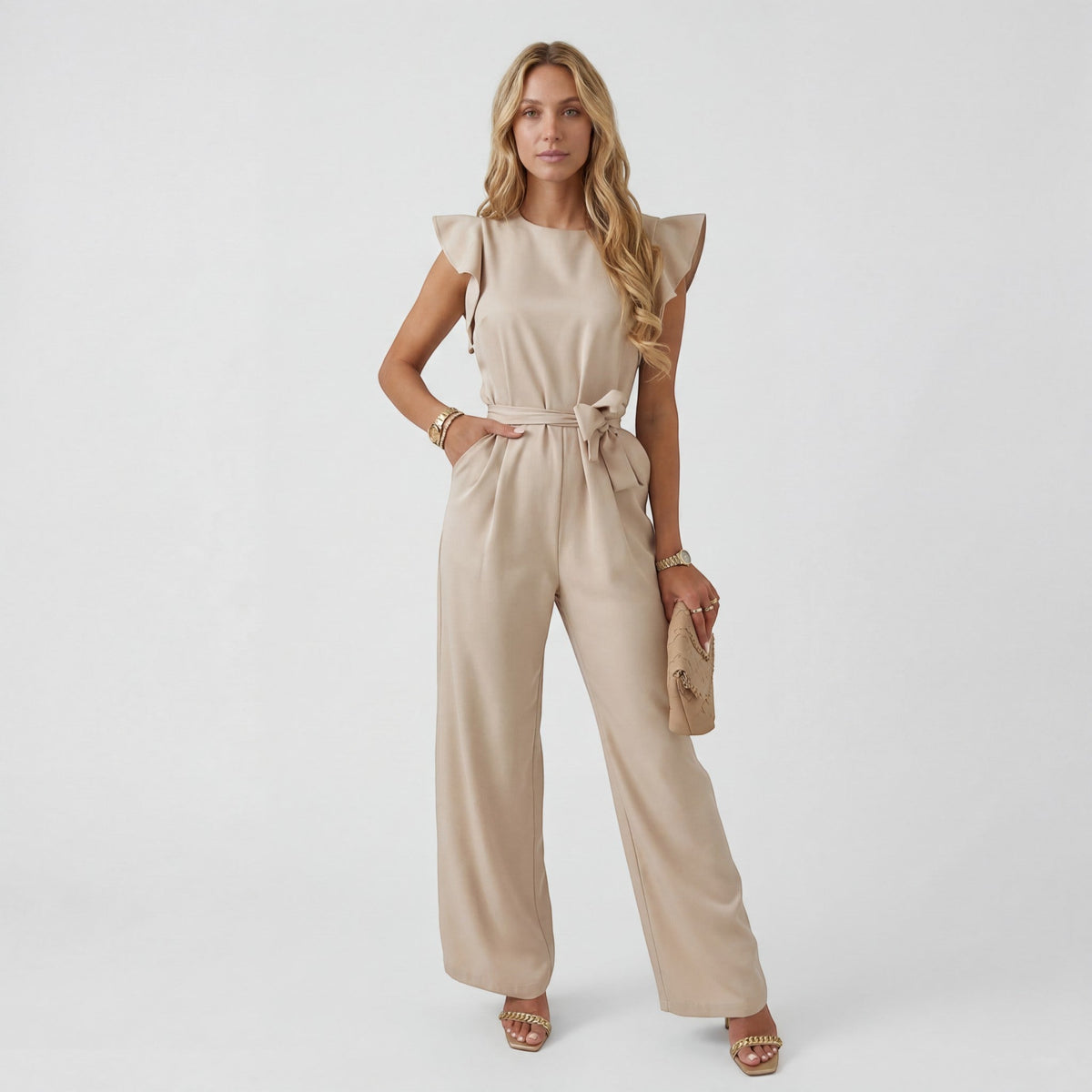 Women's Wide-Leg Jumpsuit – High-Waist Tie Belt
