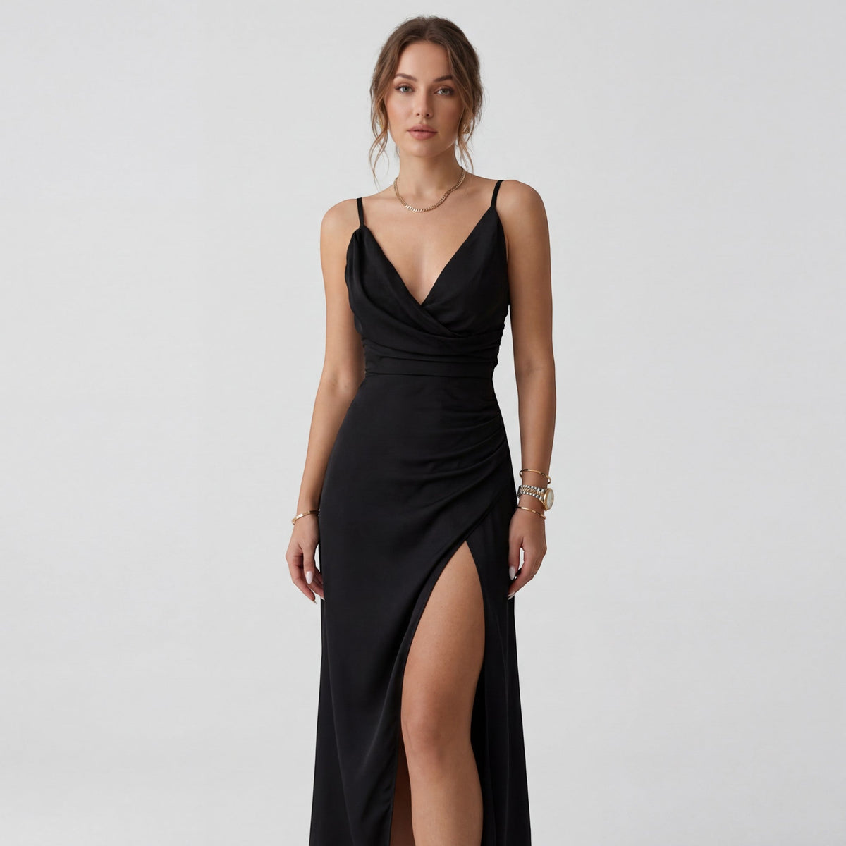 Women's Slip Maxi Dress – V-Neck Side Slit