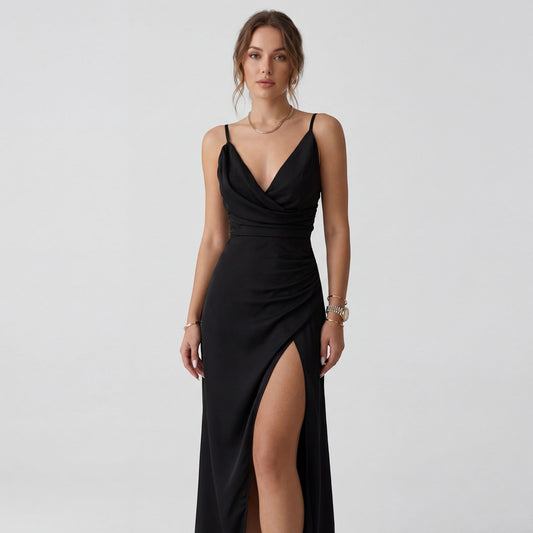Women's Slip Maxi Dress – V-Neck Side Slit