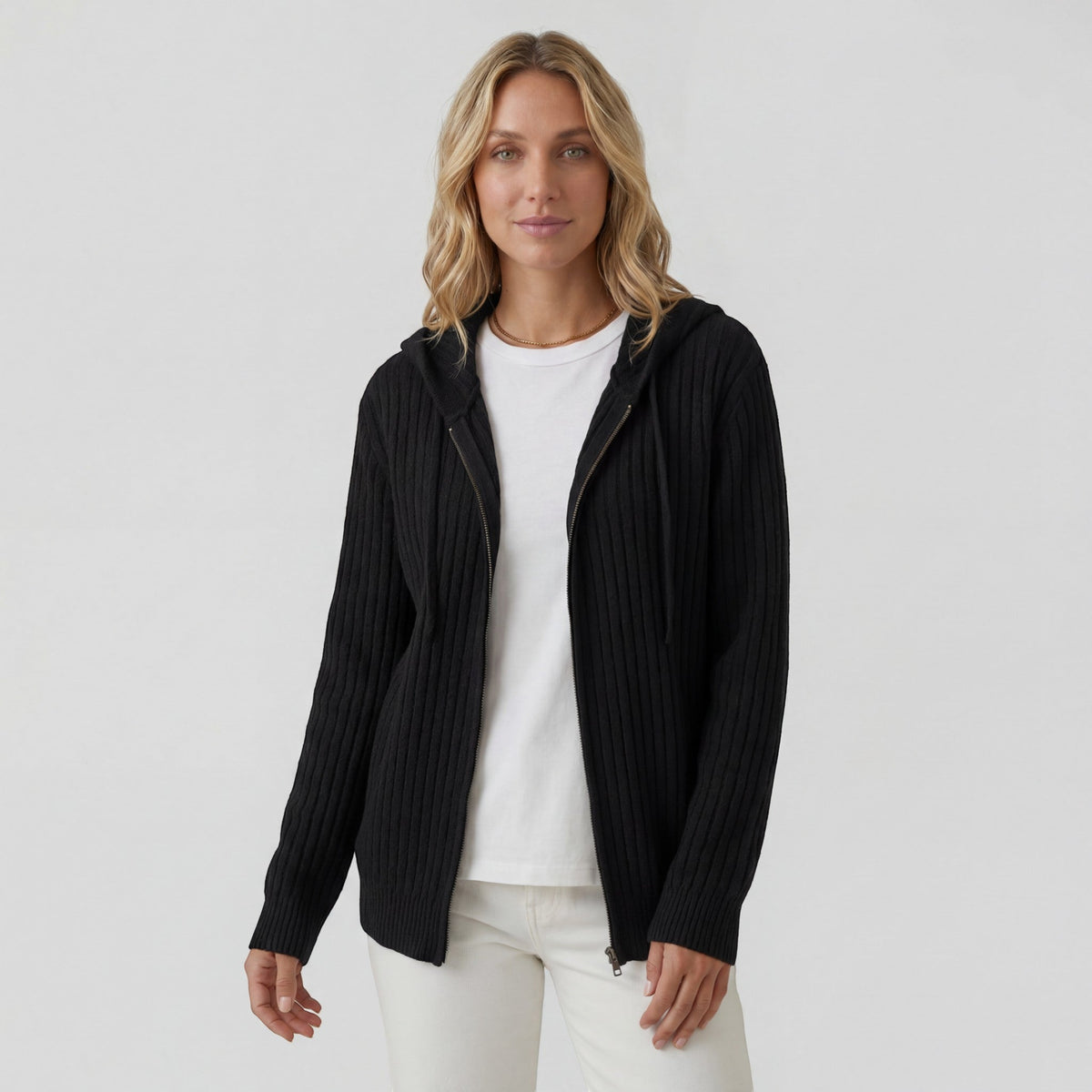 Women's Ribbed Knit Hooded Cardigan – Oversized Full-Zip