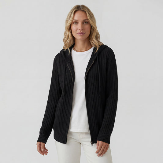 Women's Ribbed Knit Hooded Cardigan – Oversized Full-Zip