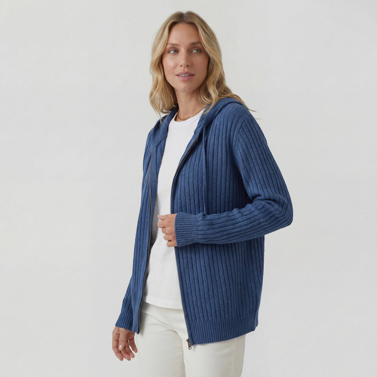 Women's Ribbed Knit Hooded Cardigan – Oversized Full-Zip