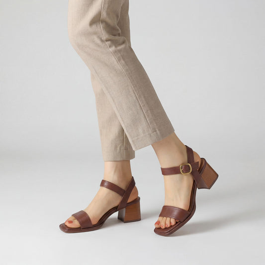 Women's Leather Heeled Sandals – Square Toe Adjustable Strap