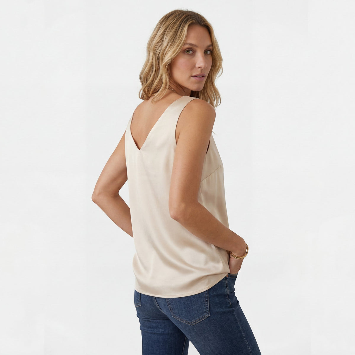 Women's V-Neck Silk Top – Relaxed Sleeveless Cut