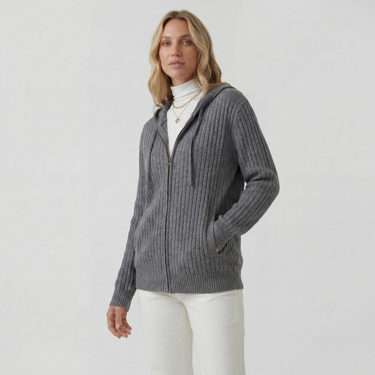 Women's Ribbed Knit Hooded Cardigan – Oversized Full-Zip