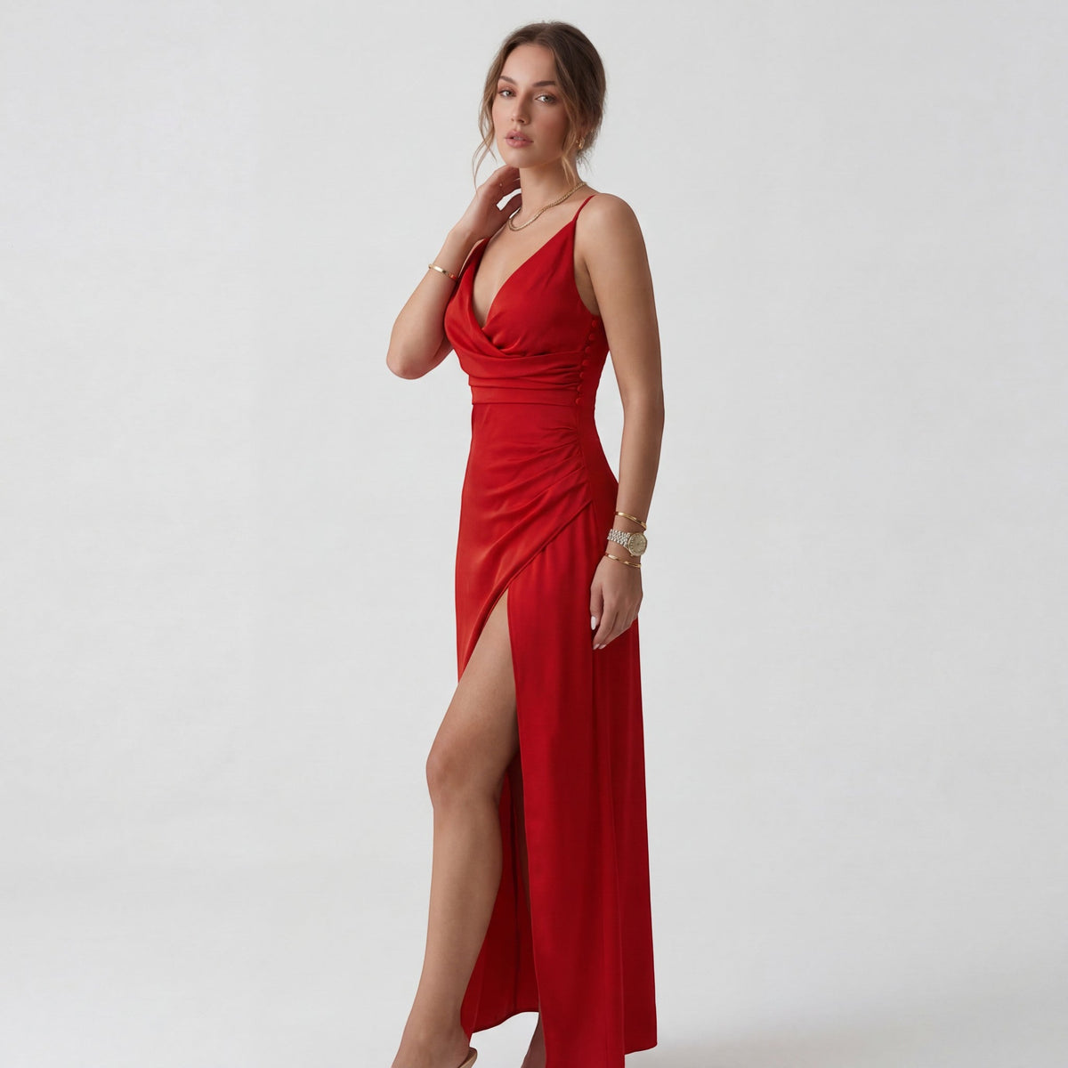 Women's Slip Maxi Dress – V-Neck Side Slit