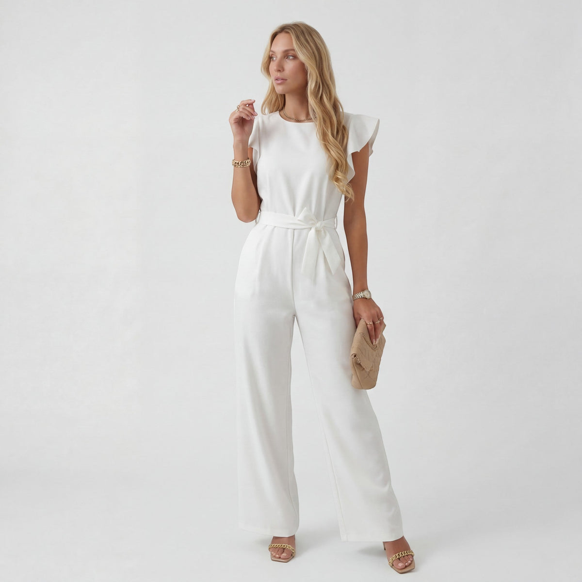 Women's Wide-Leg Jumpsuit – High-Waist Tie Belt