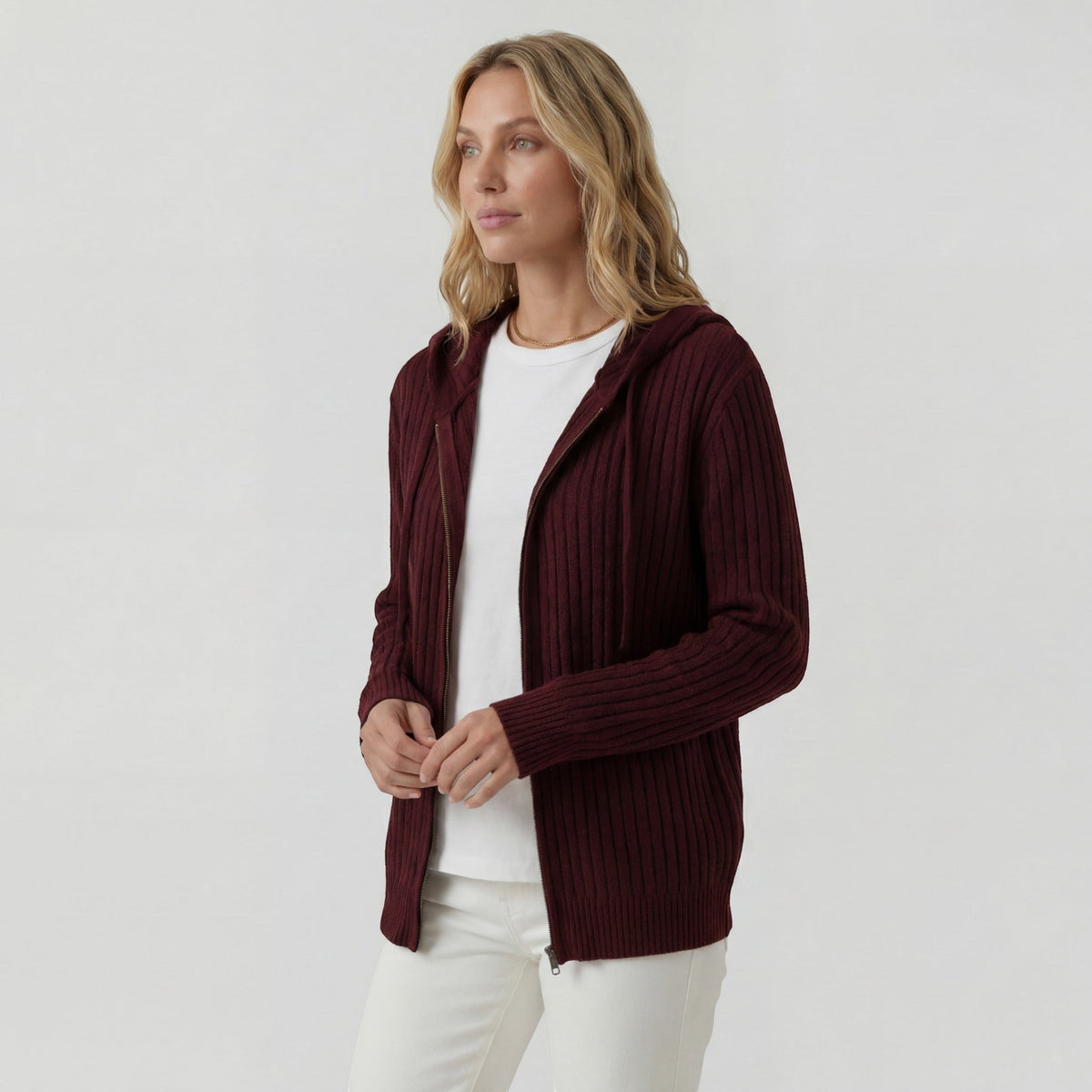 Women's Ribbed Knit Hooded Cardigan – Oversized Full-Zip