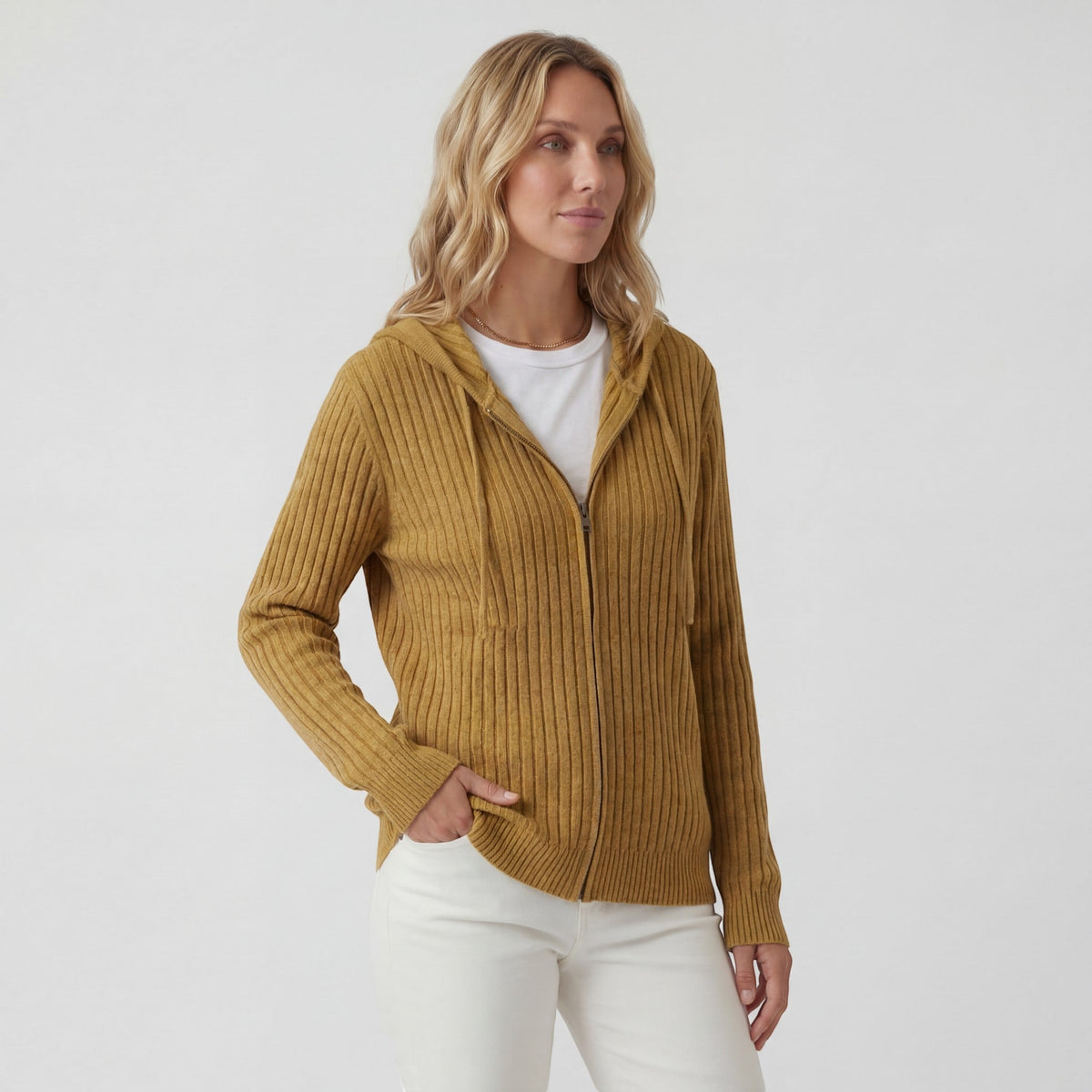 Women's Ribbed Knit Hooded Cardigan – Oversized Full-Zip