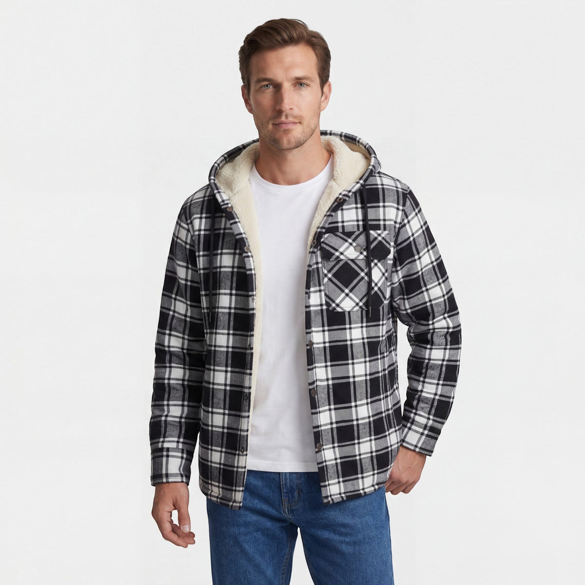 Men's Hooded Cotton-Blend Jacket – Plaid Fleece Lining